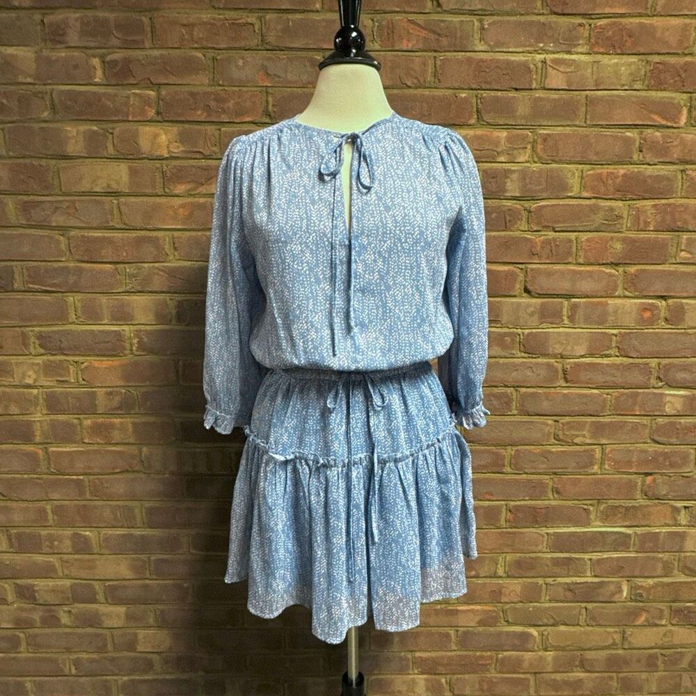 Pinch Women’s Blue & White Long Sleeve Tie Front Tiered Dress Sz Small